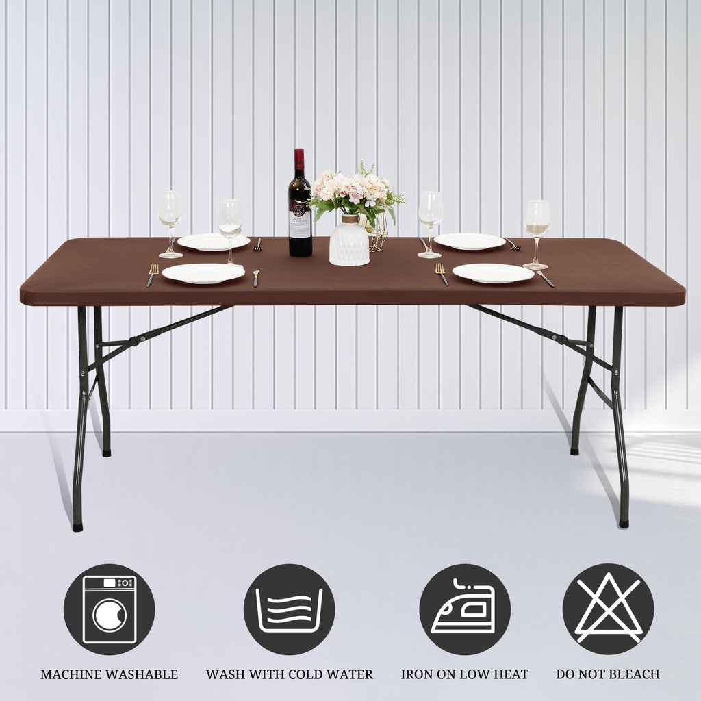 REWOMC 6 Pack Stretch Fabric Table Top Cap Cover, fits 6' Tables, Spandex Table Covers Washable Elastic Rectangle Tablecloth Protector for Indoor Outdoor Party Picnic Wedding, Coffee, 30" W x 72" L