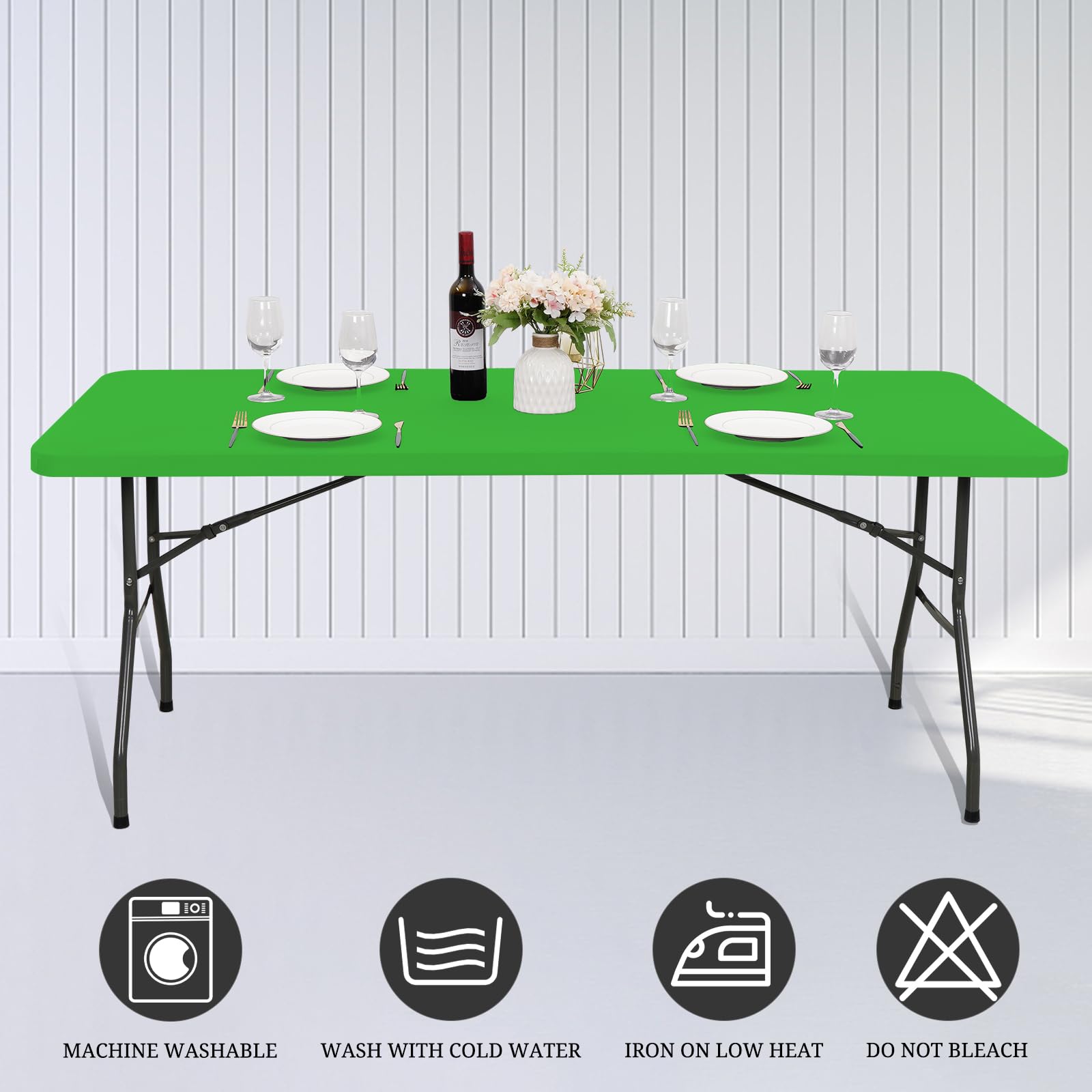 6 Pack Fitted Tablecloth for 8 Foot Rectangle Tables, Green Elastic Outdoor Picnic Table Cover, Washable Stretch Folding Table Cloths 8 ft for Camping Party Patio Kitchen Banquet, 30" W x 96" L