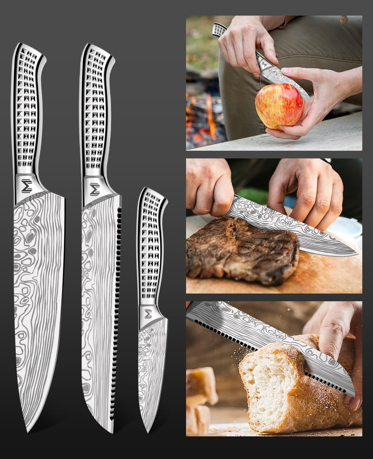 Meleho 4PCS Kitchen Knife Set,High-Carbon Stainless Steel Chef Knife Set, Portable Knife Roll Bag, Portable Knives for Outdoor Camping and Travel