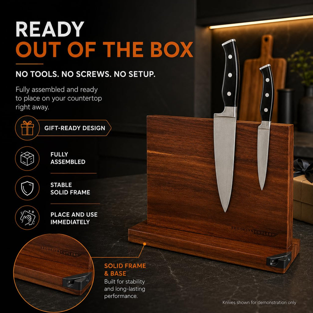 BROOKLYN CUTLERY Magnetic Knife Block, Acacia Wood Magnetic Knife Holder for Kitchen Counter Universal Knife Block Without Knives (12 x 10 With Sharpener)