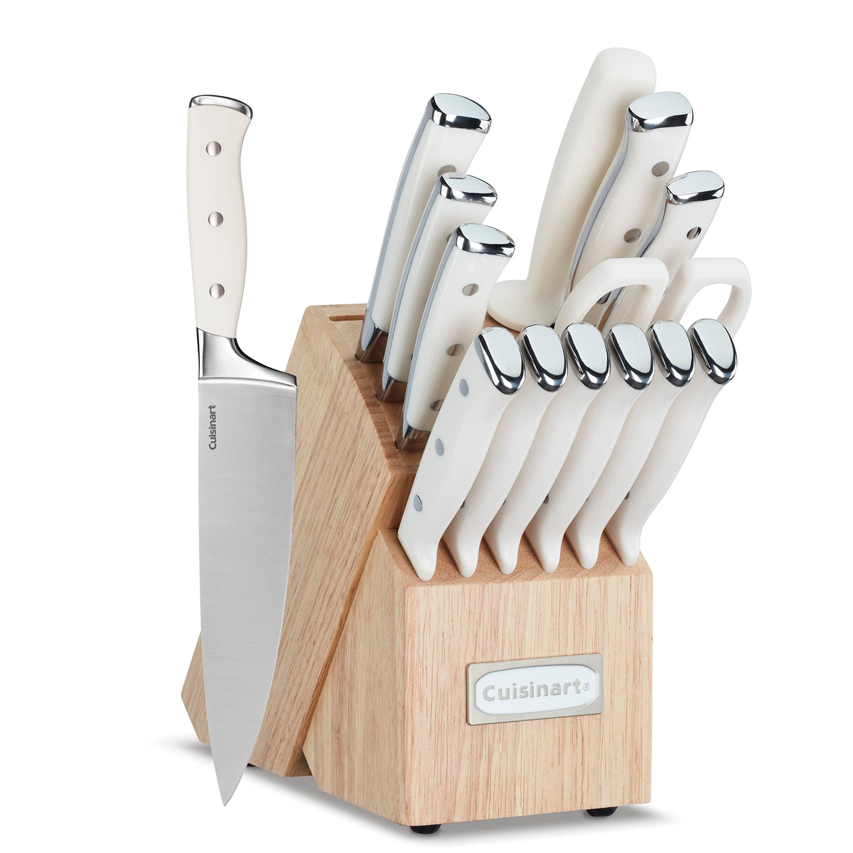 Cuisinart 15-Piece Knife Set with Block, High Carbon Stainless Steel, Forged Triple Rivet, White, C77WTR-15P