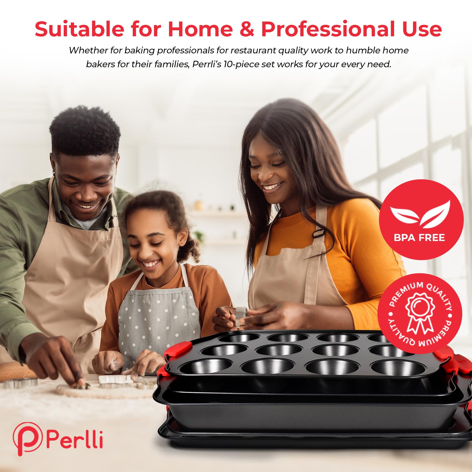 PERLLI Non-Stick 10-Piece Baking Pan Set, BPA-Free Carbon Steel Bakeware Set with Silicone Handles, Stackable Kitchen Oven Set, Cookie Sheet, Baking Tray, Baking Sheet Set, Oven Safe (446°F)