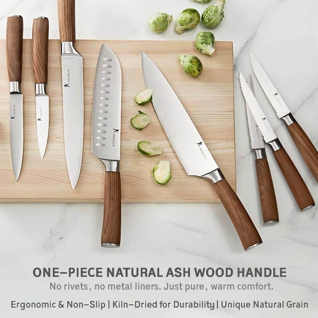 Kangdelun Ultra Sharp 15-Piece Kitchen Knife Set, High Carbon Stainless Steel Blades, Torrefied Brown Wood Handles, Ergonomic Design, Space-Saving Black-Finished Wood Block, Easy Hand Wash, Gift Box