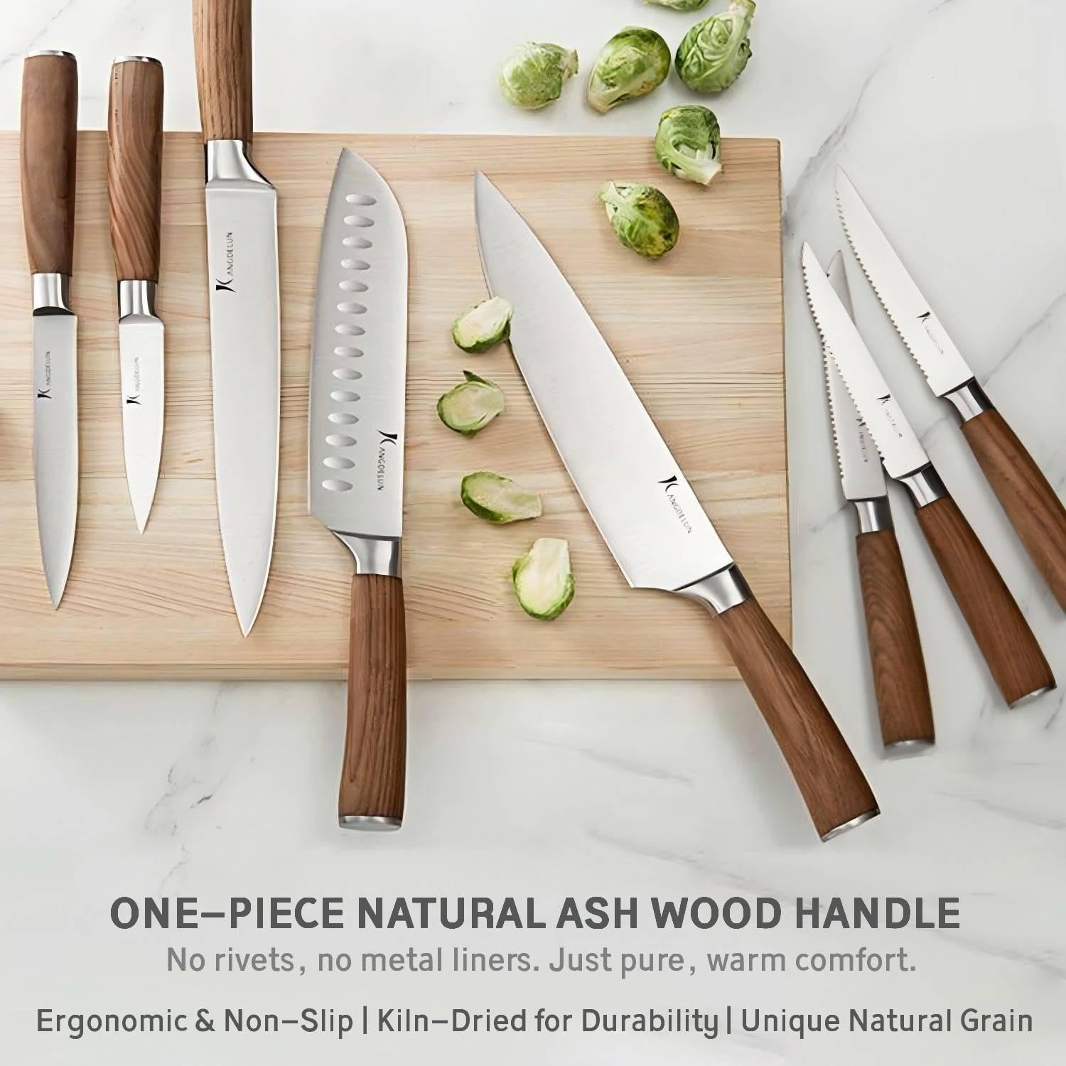 Kangdelun Ultra Sharp 15-Piece Kitchen Knife Set, High Carbon Stainless Steel Blades, Torrefied Brown Wood Handles, Ergonomic Design, Space-Saving Black-Finished Wood Block, Easy Hand Wash, Gift Box