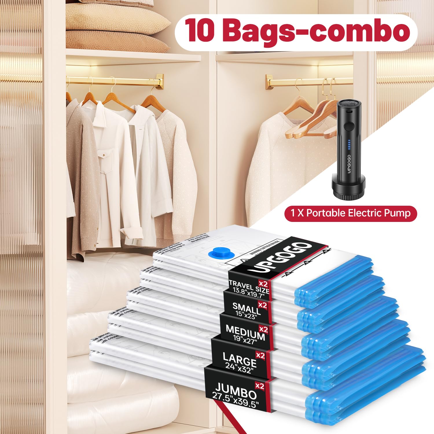 UPGOGO Vacuum Storage Bags with Portable Electric Pump,Vacuum Seal Bags for Clothing,Space Saver Bags,Vacuum Travel Bags for Luggage(Combo 10 Pack)