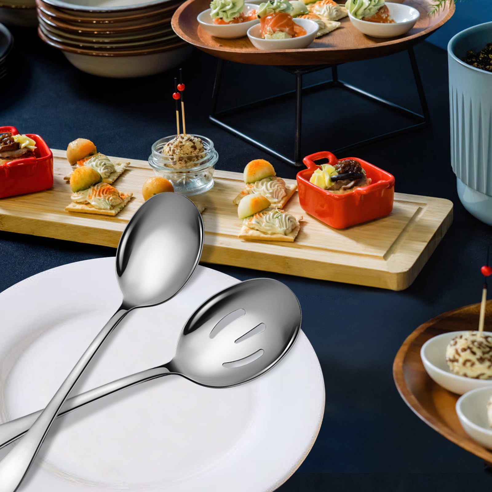 Keyoxy Stainless Steel Serving Spoons Set, 8pc, 10-Inch, Includes 4 Large, 4 Slotted, for Parties/Kitchen/Buffet/Catering, Dishwasher Safe