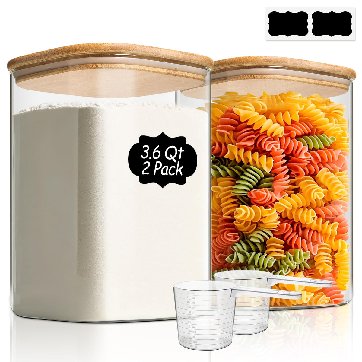 ComSaf Glass Storage Jars with Bamboo Lids 3.6 Qt Large Pantry Square