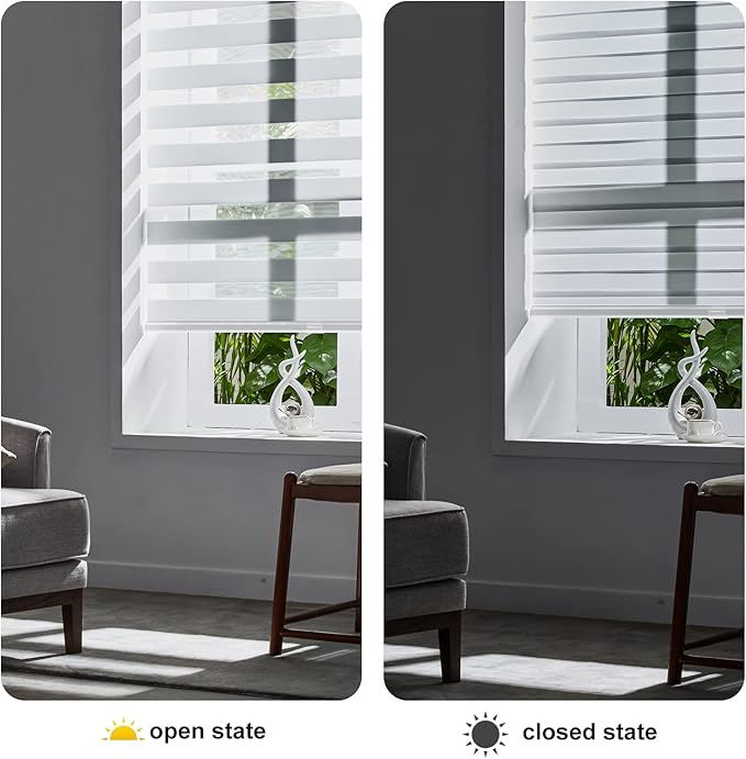 Persilux Cordless Zebra Blinds for Windows (36" W X 72" H, White) Free-Stop Windows Shades Dual Layer Light Control for Day and Night, Light Filtering Sheer Shades for Home, Easy to Install