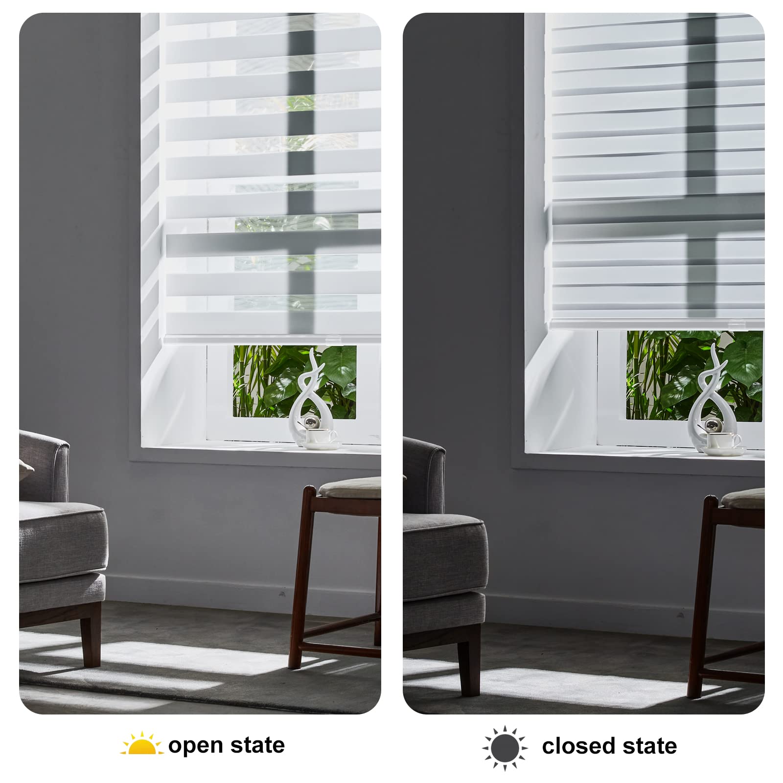 Persilux Cordless Zebra Blinds for Windows Free-Stop Roller Windows Shades (35" W X 64" H, White) Dual Layer Light Control for Day and Night, Light Filtering Sheer Shades for Home, Bedroom
