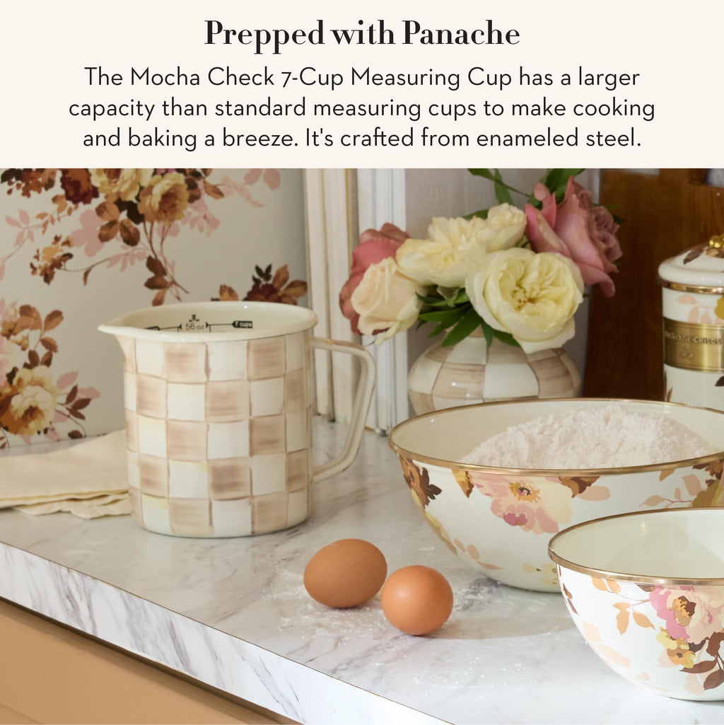 MACKENZIE-CHILDS Enamel Measuring Cup, Brown-and-White Mocha Check