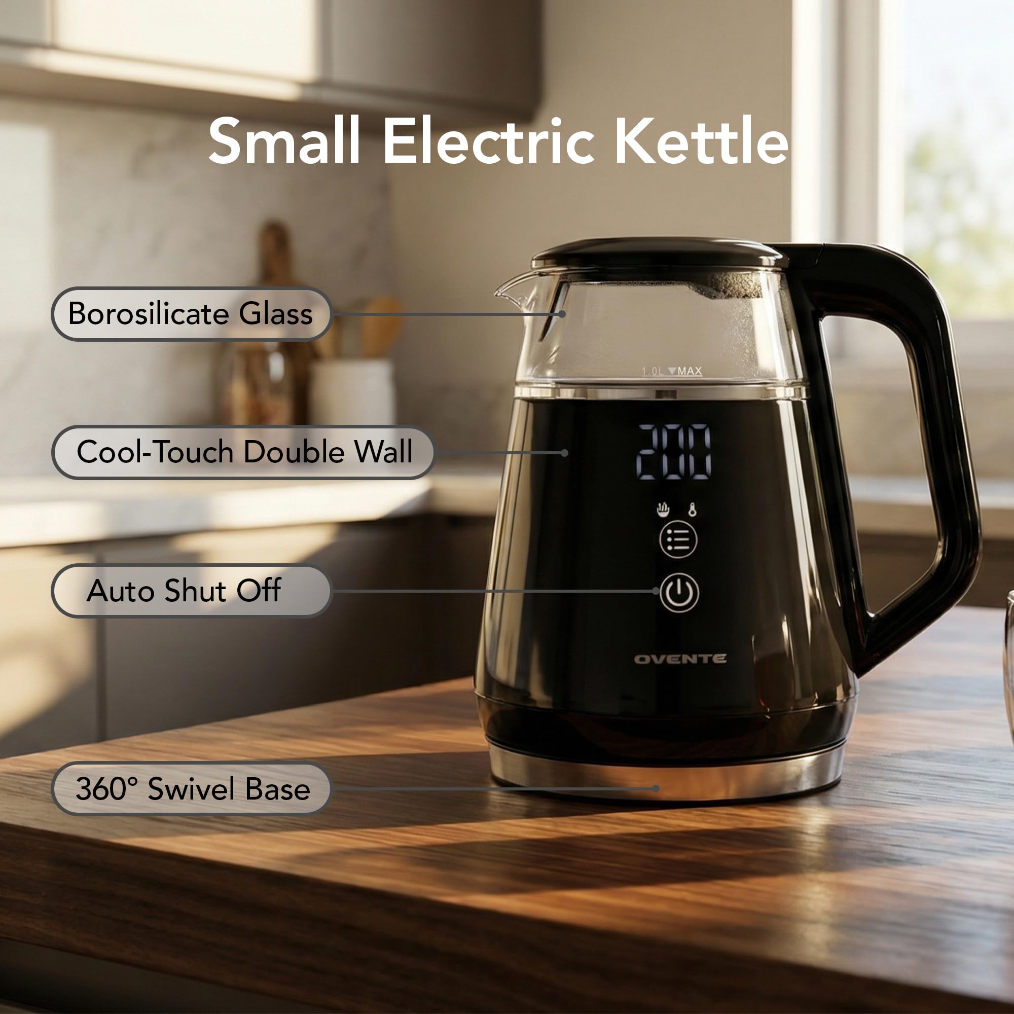 OVENTE 1L Electric Kettle with Temperature Control, 1500W, Black KD95B
