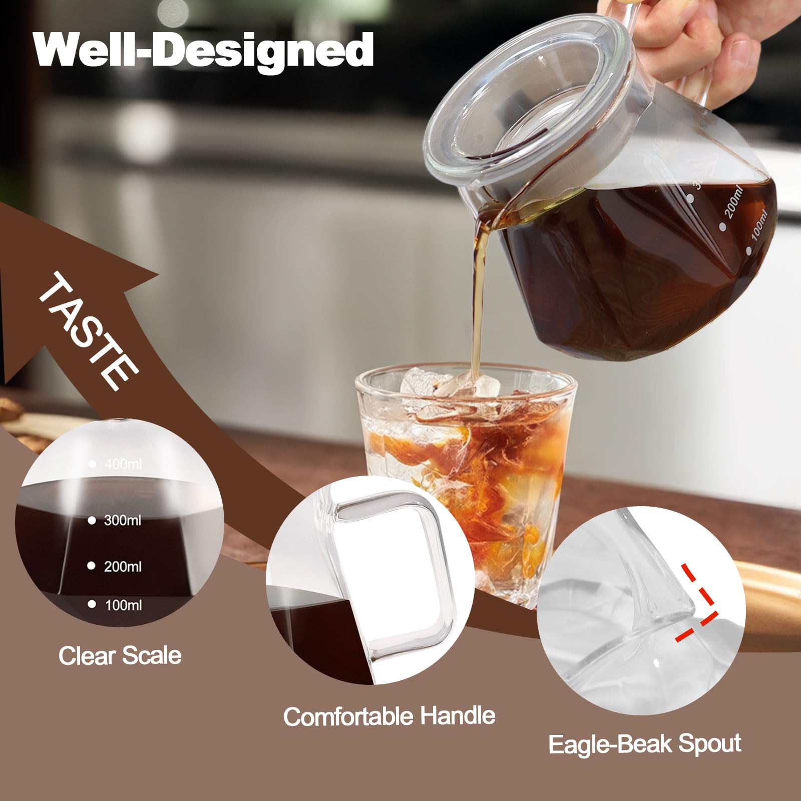 DITOSH Pour Over Coffee Maker 13.5oz Portable Glass Coffee Maker High Borosilicate Glass Eagle Beak Spout Design with 50 Pcs Filter Paper Walnut Wood Base for Pour Over for Daily Brewing 400ml