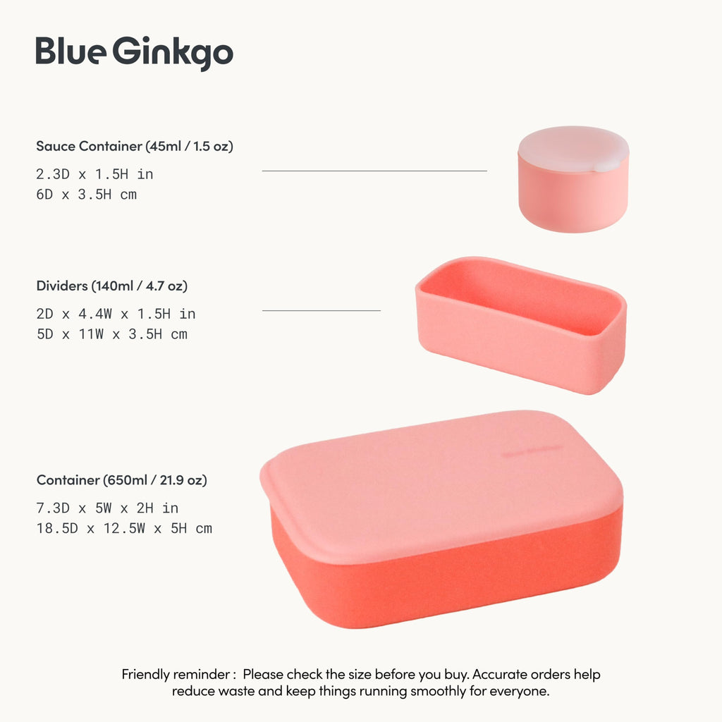 BLUE GINKGO Bento-Style Silicone Lunch Box Set, Coral, Made in Korea