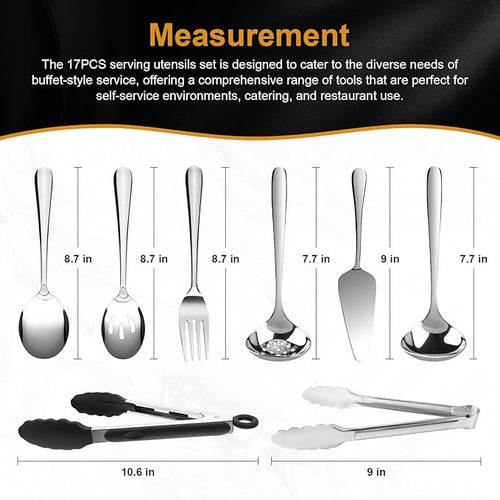 17PCS Serving Spoons and Utensils Set, Stainless Steel Serveware Silver