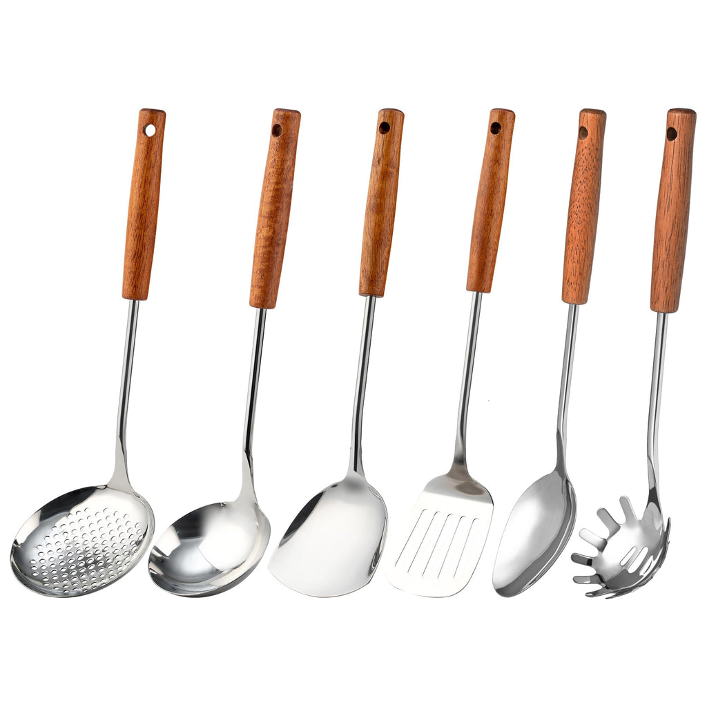 FJNATINH Stainless Steel Kitchen Utensils Set with Wood Handle Nonstick Stainless Steel Cooking Utensils Set with Turners,Spatula,Ladle,Skimmer,Solid Spoon,Pasta