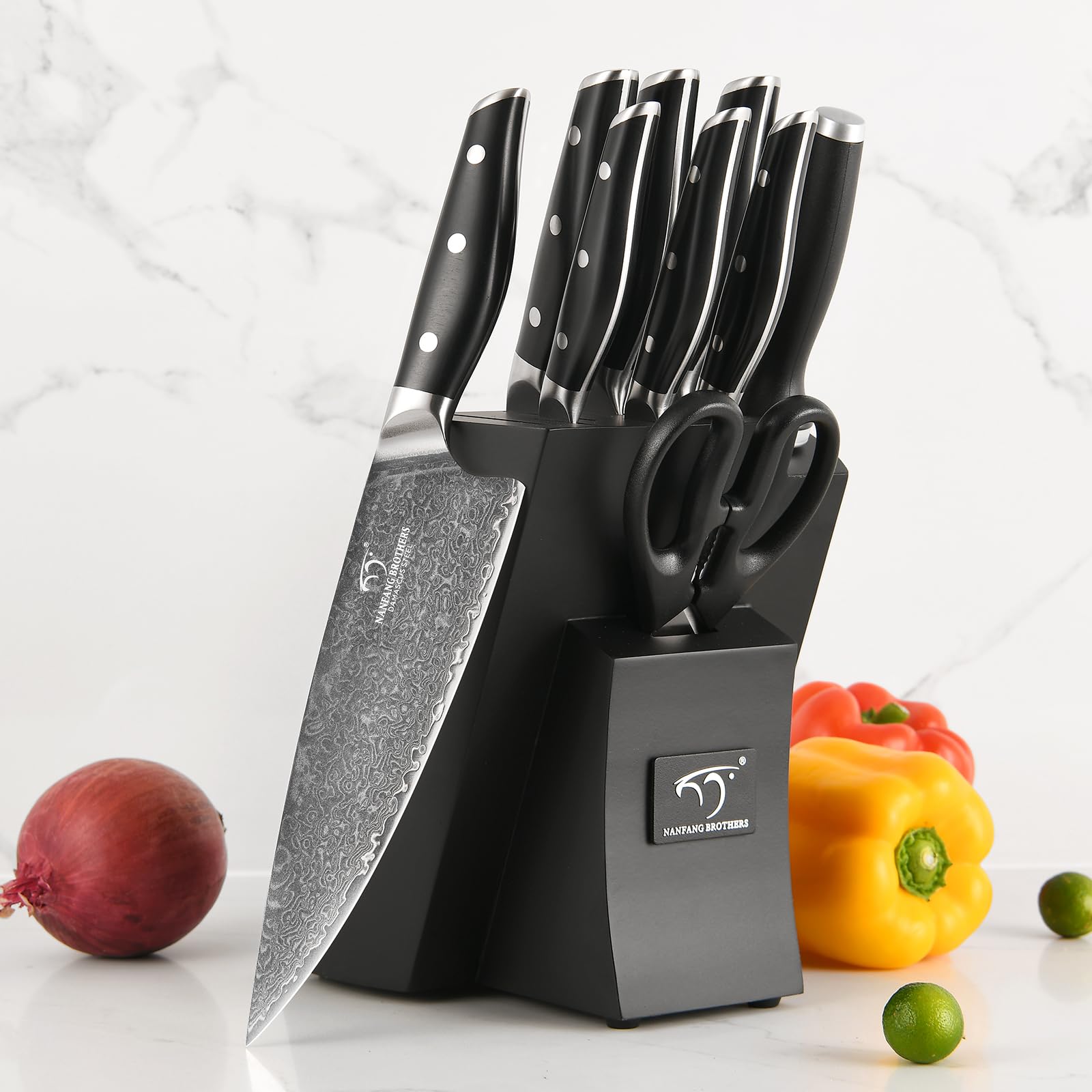 Damascus Knife Set with Block for Kitchen, VG10 Steel Chef Knife Set with Triple-Rivet Handles, Knife Sharpener, Natural Ash Wooden Knife Block, 10PCS