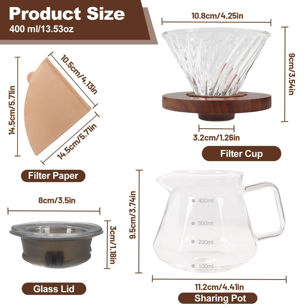 DITOSH Pour Over Coffee Maker 13.5oz Portable Glass Coffee Maker High Borosilicate Glass Eagle Beak Spout Design with 50 Pcs Filter Paper Walnut Wood Base for Pour Over for Daily Brewing 400ml