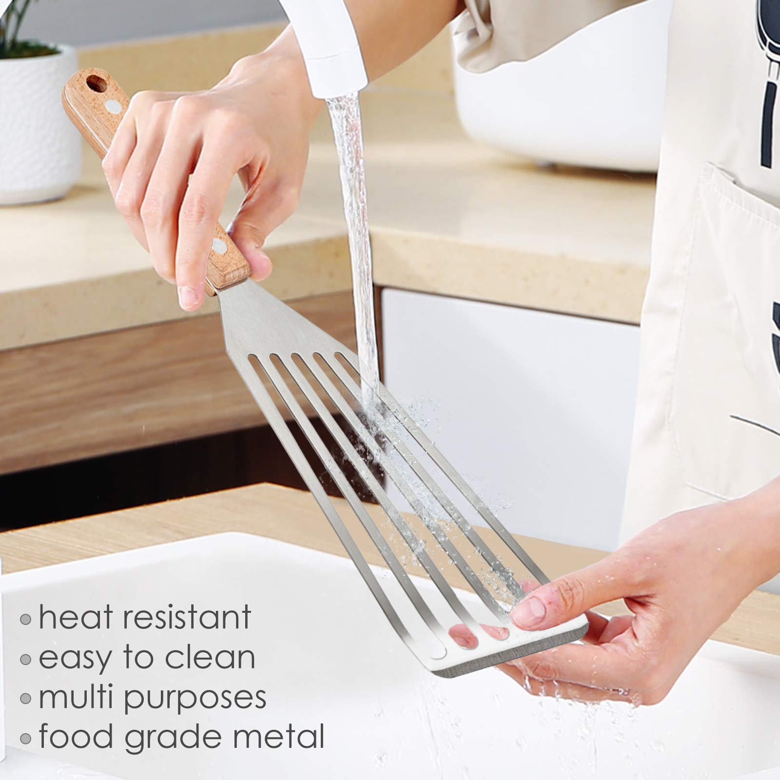Fish Spatula Set of 2, HaSteeL Stainless Steel Slotted Spatula Turner with Riveted Wooden Handle, Professional Metal Spatulas Great for Kitchen Cooking Flipping Frying & Grilling, 2 x Hooks
