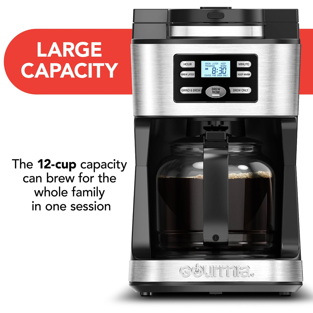 Gourmia Digital Coffee Machine 12Cup FullyAutomatic Large coffee maker integrated CoffeeGrinder,Pot,stainless steel mesh coffee filter 4Hr KeepWarm and Freshness Indicator GCM3180,Black and Silver
