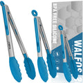 Walfos Kitchen Tongs - 7" 9" and 12" Heat Resistant Food tongs, Thickened Stainless Steel and BPA Free Silicone Tips, Great for Cooking, Grilling, Turning, Dishwasher safe(3 blue silicone tongs)
