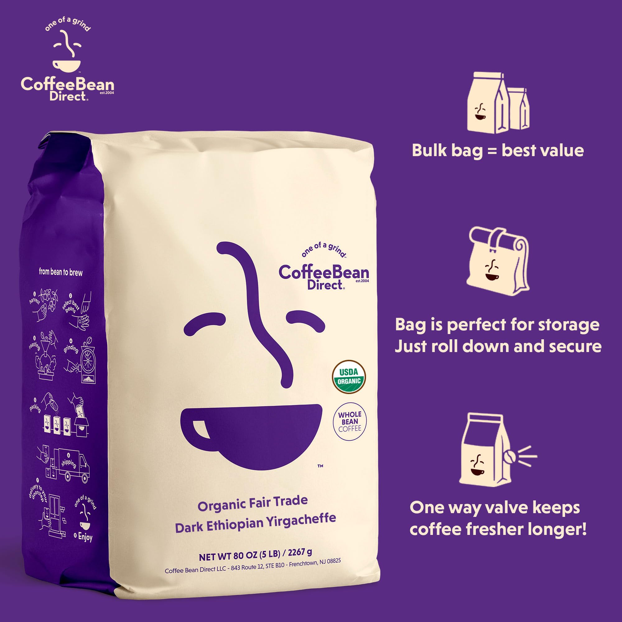 Coffee Bean Direct Organic Fair Trade Dark Ethiopian Yirgacheffe, 5lb Bag
