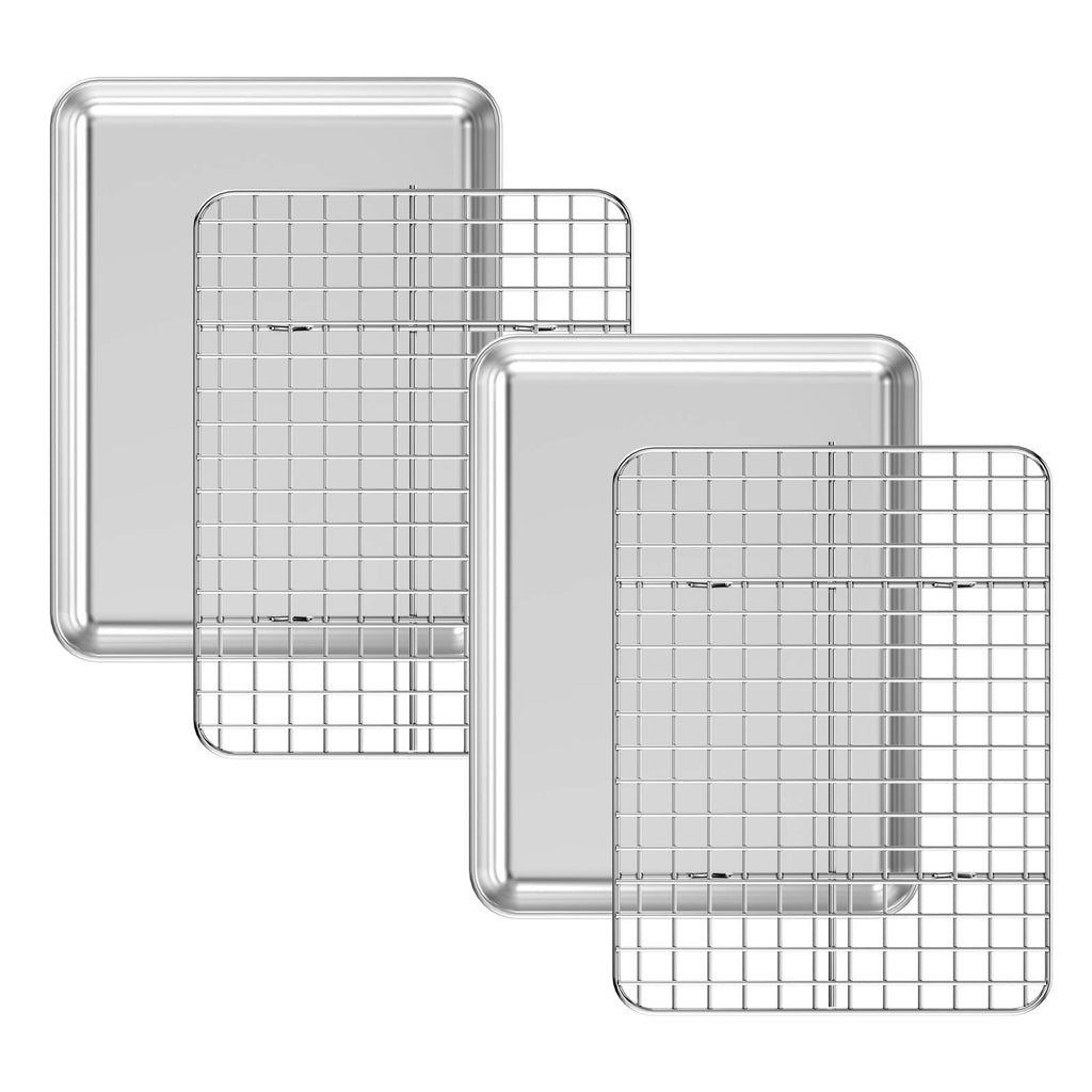 Baking Sheet with Cooling Rack Set [2 Sheets + 2 Racks], Deedro Stainless Steel Cookie Sheet Baking Pan Half Sheets Oven Tray with Rack, 10 x 8 x 1 Inch, Heavy Duty, Non-toxic, Dishwasher Safe