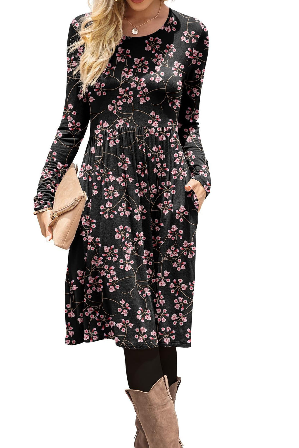 DB MOON 2026 Women Casual Long Sleeve Fall Dresses Empire Waist Knee Length Loose Dress with Pockets (Red Plaid, S)