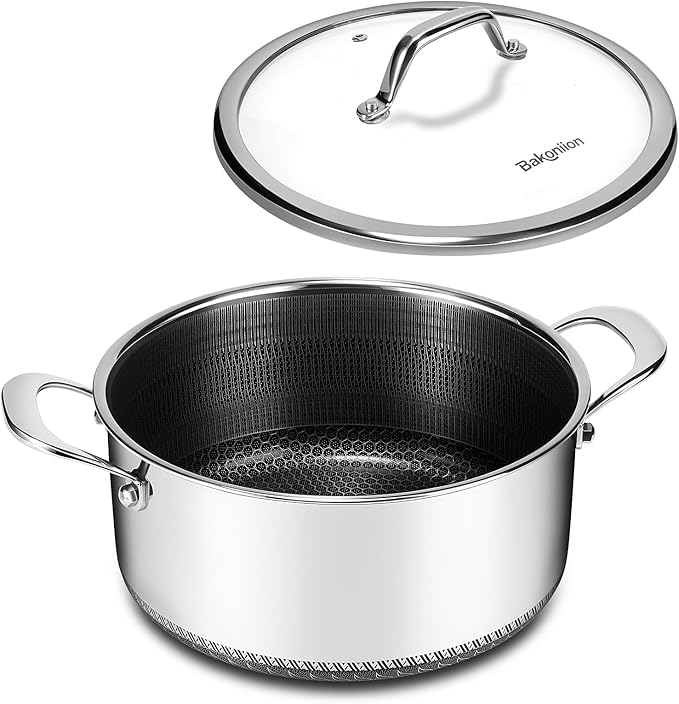 Bakoniion Hybrid Nonstick 2 QT Saucepan with Lid, Stainless Steel Honeycomb Pot with Two Pour Spouts,Compatible with All Cooktops,Dishwasher and Oven Safe