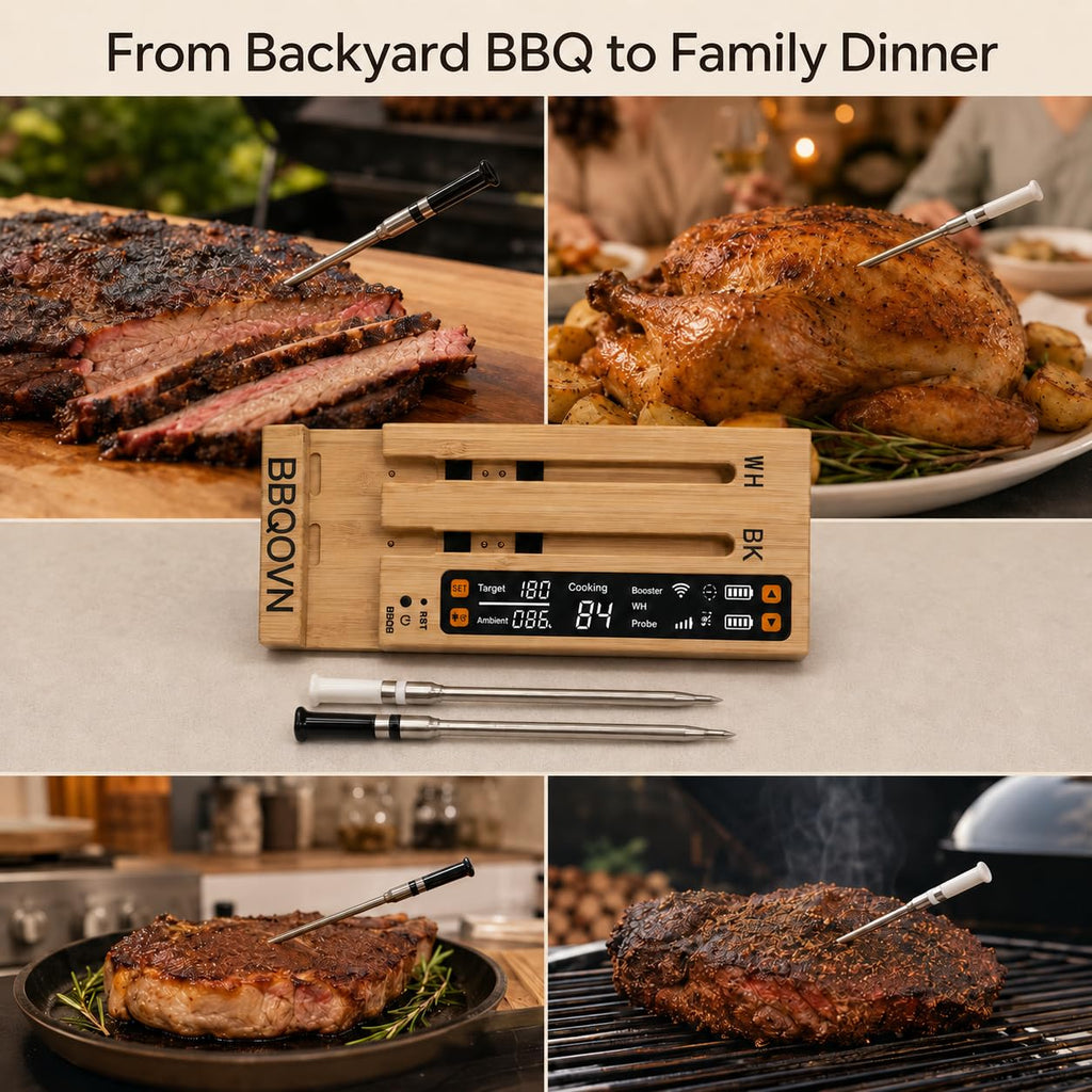 BBQOVN WiFi Sub-1G Wireless Meat Thermometer Unlimited Range 7 NIST Certified Sensors with Ambient Temp 2 Temp Monitoring Ways Digital Smart Base and App for BBQ, Smoker, Grill, Oven (Dual Probes)