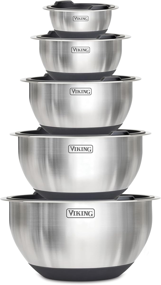 Viking Mixing Bowls Set, 10 Piece Stainless Steel Kitchen Cookware, Non-Slip Silicone Base, Includes Tight Fit Lids, Dishwasher Safe