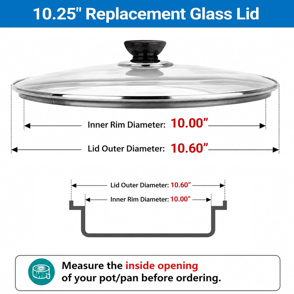10.25 Inch Pan Lid, Universal Replacement Pot Lid for Frying Pans, Cast Iron Skillets, Round Tempered Glass Pan Cover with Steam Vent