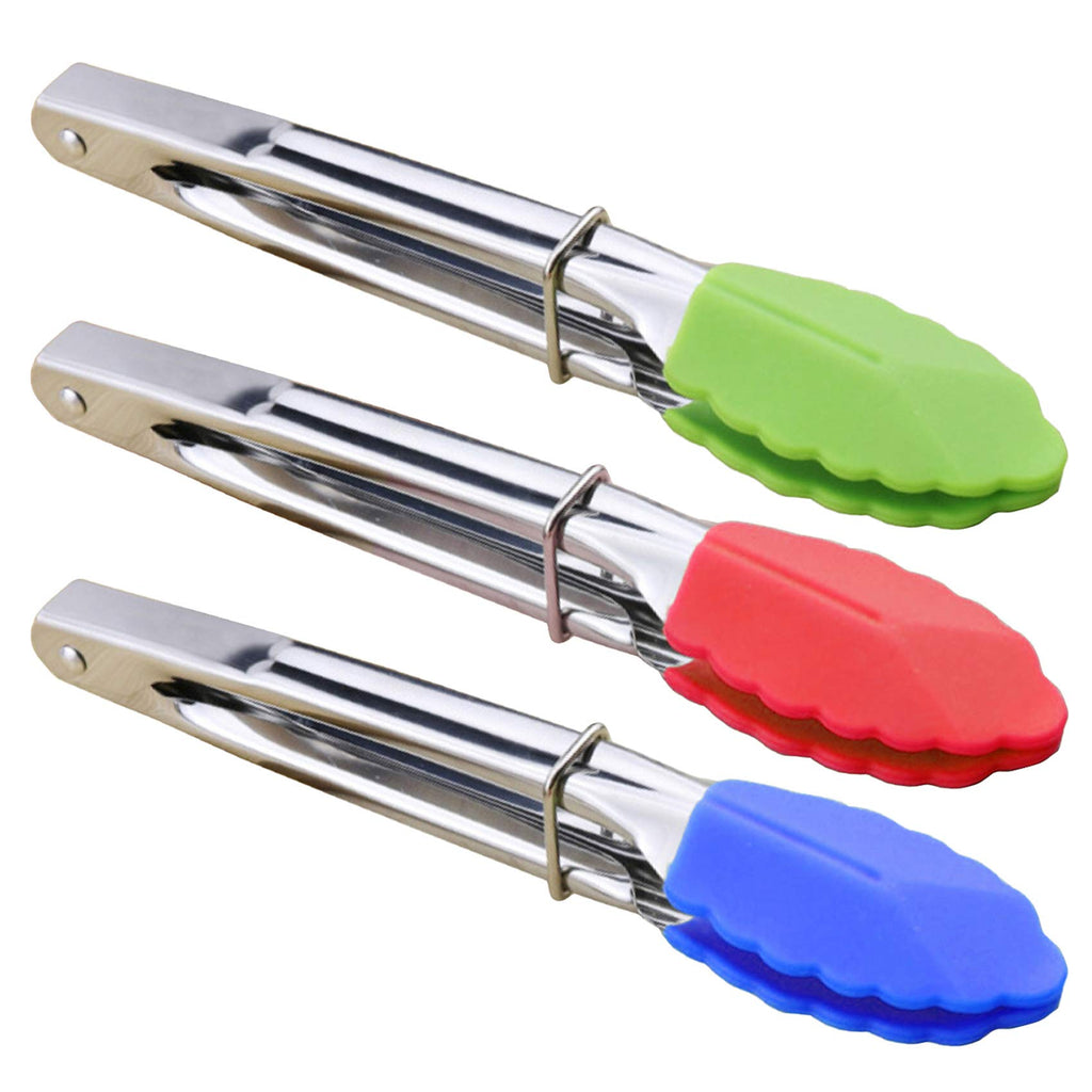 HINMAY Mini Tongs with Silicone Tips 7-Inch Kitchen Tongs, Set of 3 (Black)