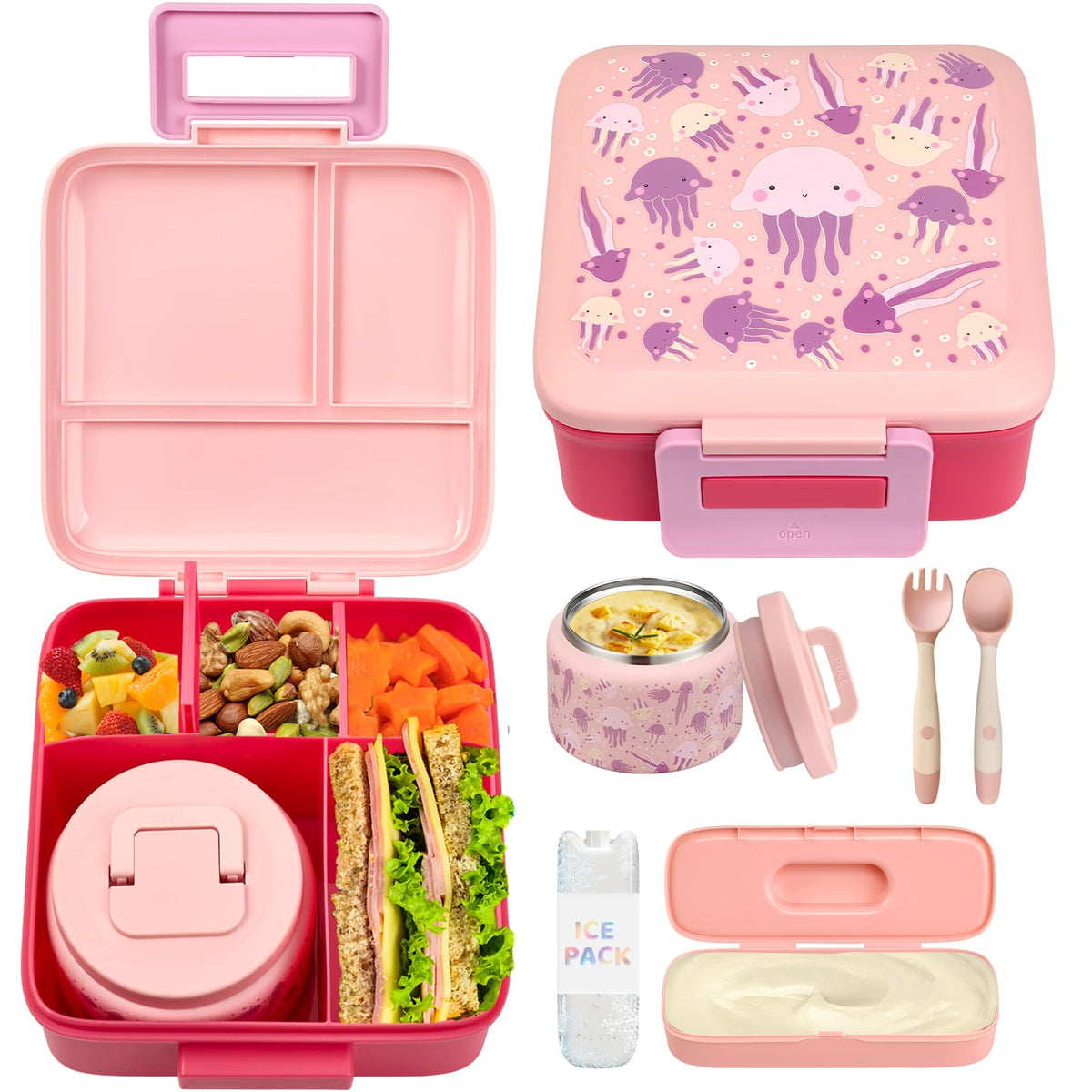 JXXM Bento Lunch Box for Kids With 8oz Soup thermo,Leak-proof Lunch Containers with 5 Compartment,thermo Food Jar and Lunch Bag, Food Containers for School (A-Blue(Dinosaur))