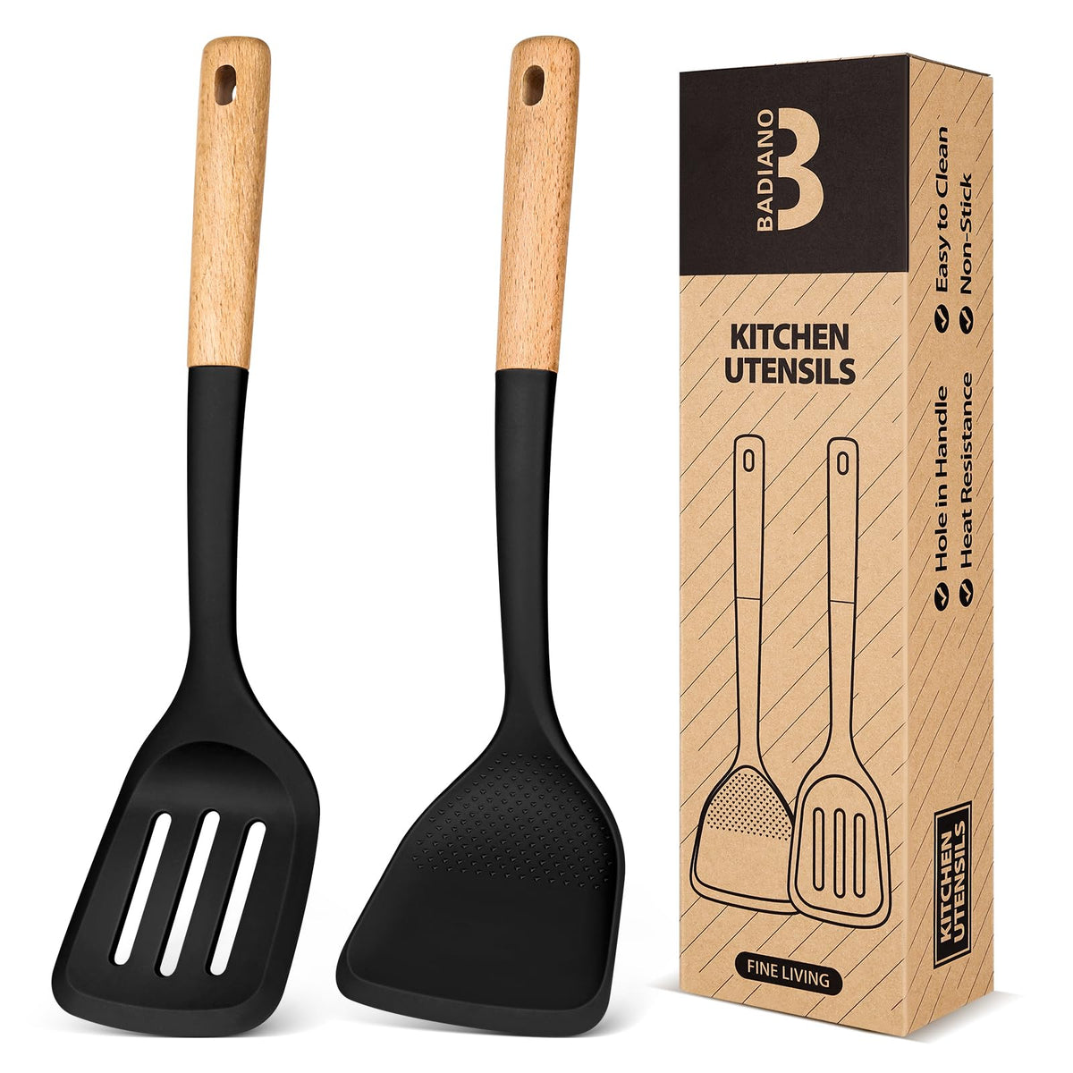 Silicone Wok Spatula Turner Set, Perfect for Scooping, Flipping, Lifting Pancakes and Picking up Veggies, BPA-Free Matte Silicone, Wooden Handles, Safe for Nonstick Cooking Surfaces (Grey)