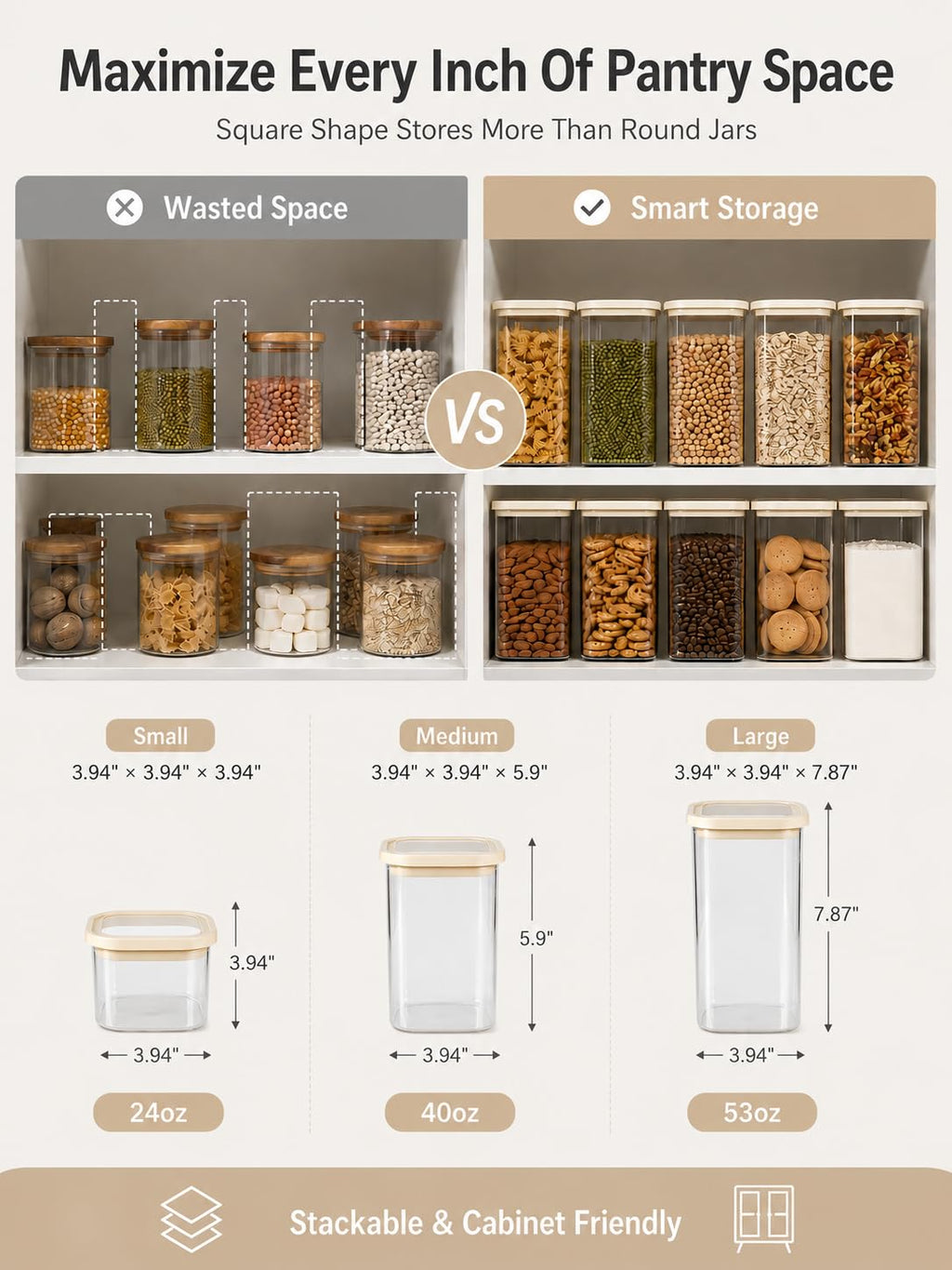 CozNido Square Glass Pantry Storage Containers with Glass Lids 4pcs 40fl.oz