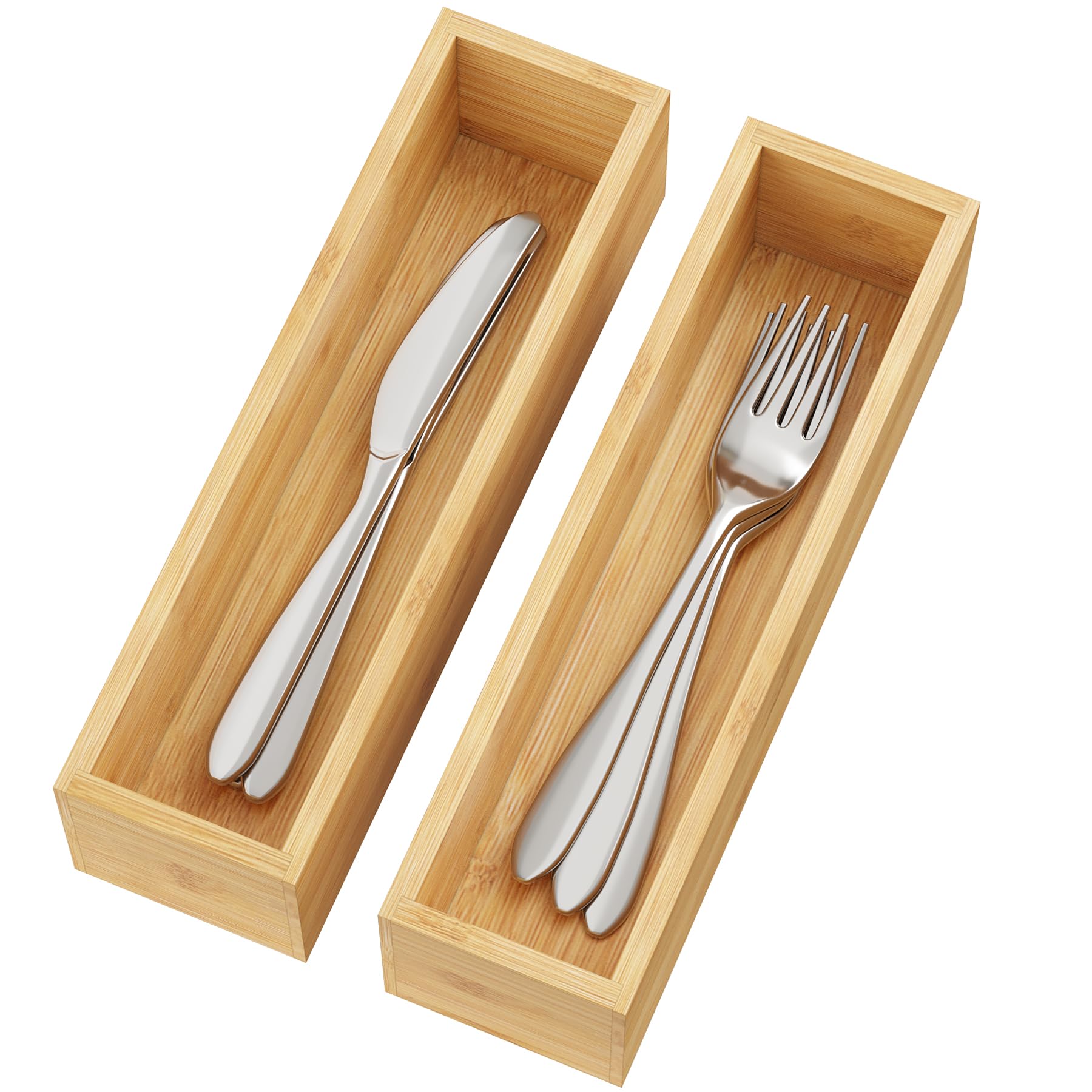 BAMEOS Kitchen Drawer Organizer,Small Silverware Drawer Organizer,Bamboo Utensil Organizer for Bathroom, Dressing Room, Office, Pantry (Natural, 11"x 3") Set of 2