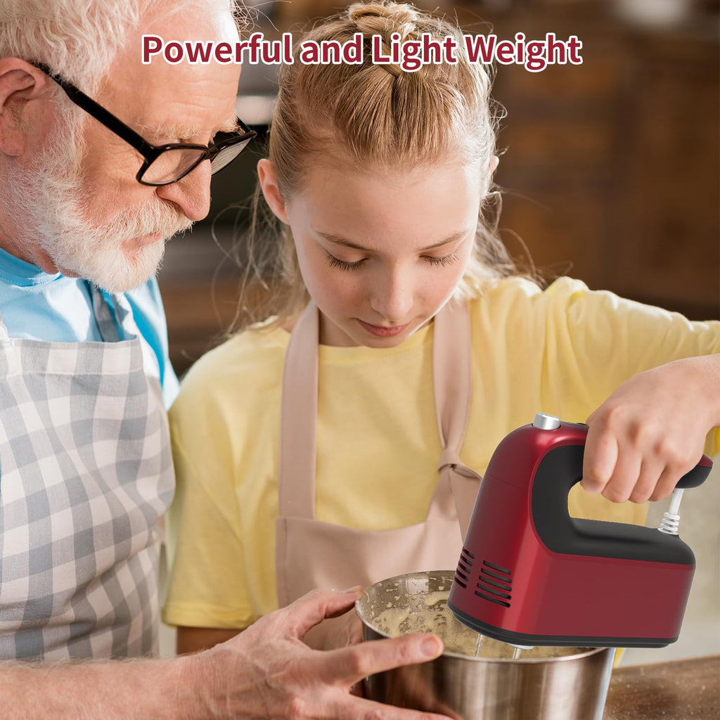 Yomelo 9-Speed Digital Hand Mixer Electric, 400W Powerful DC Motor, Hand Mixer Electric Handheld with Snap-On Storage Case, 5 Stainless Steel Accessories, Beaters, Dough Hooks, Whisk(Red)