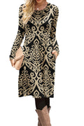 DB MOON Women Casual Long Sleeve Dresses Empire Waist Knee Length Loose Dress with Pockets (Black and Gold, 2XL)