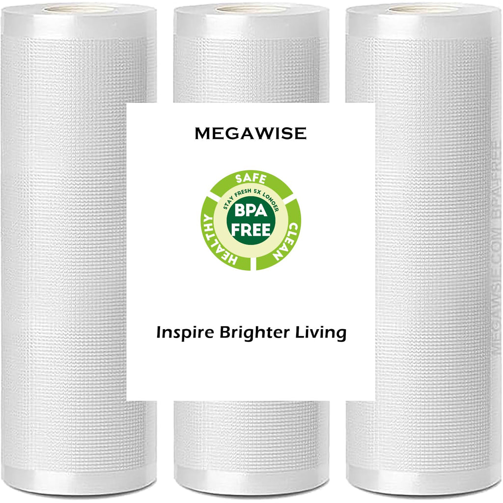 MegaWise 3 Rolls of Vacuum Sealer Machine Bags, 8 inch wide and 21.6 Feet Long for Megawise & other brand vacuum sealers Perfect for Meal Prep and Sous Vide Cooking