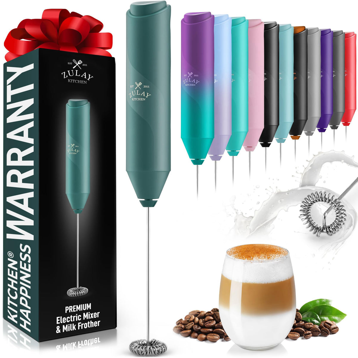 Zulay Kitchen Powerful Milk Frother Wand - Handheld Stainless Steel - Battery Operated Drink Mixer for Coffee, Lattes, Cappuccino, Matcha - Froth Mate Frother Gift - Cool Tide