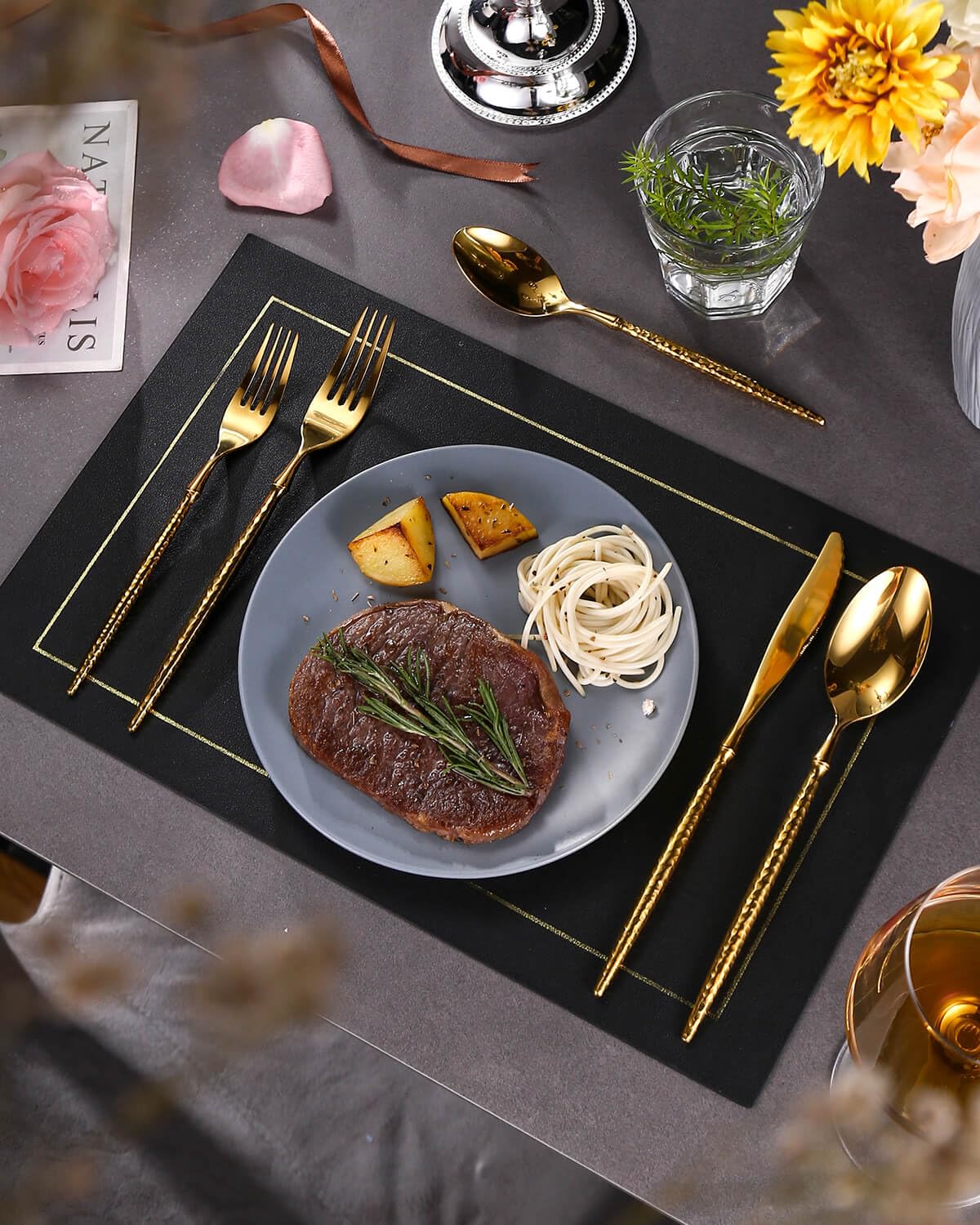 Lemeya 20-Piece Hammered Gold Silverware Set,18/10 Stainless Steel Forging Heavy Duty Cutlery Set for 4, Luxury Unique Flatware Set,Spoons and Forks Set,Mirror Polished,Dishwasher Safe