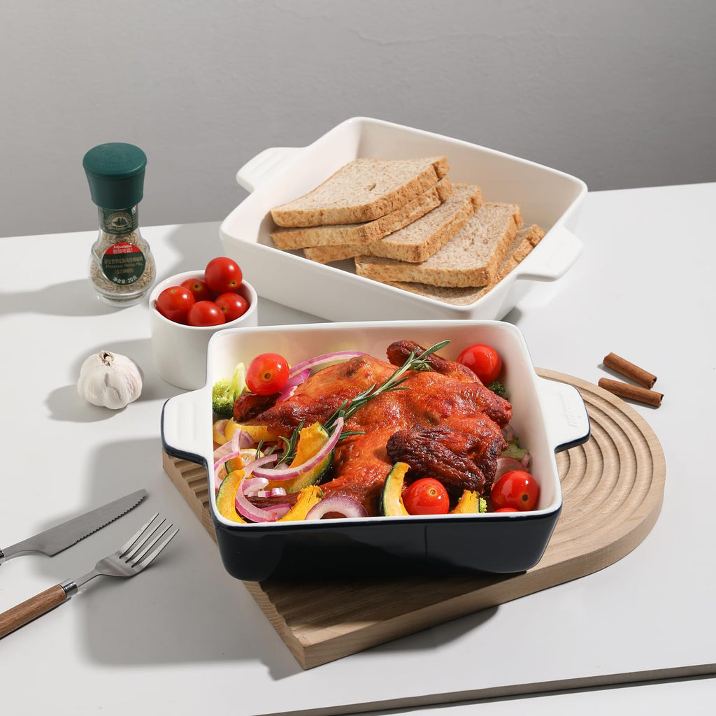 Sweejar Ceramic Baking Dish, 9 x 9 Cake Baking Pan for Brownie, Porcelain Square Bakeware with Double Handle for Casserole, Lasagna, Family Dinner (Navy)