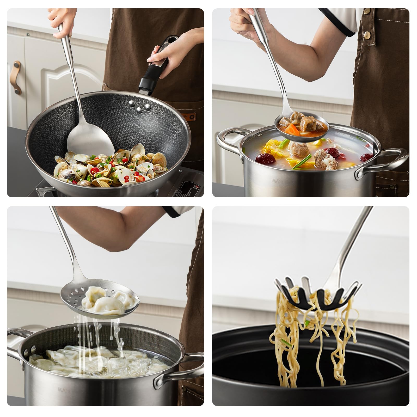 MAXCOOK Stainless Steel Cooking Utensils set, 18/8 Stainless Steel Kitchen Utensils set, 7 Pieces Cookware Set with Rotating Holder, Heat Resistant Stainless Steel Cooking Spoon(Dishwasher Safe)