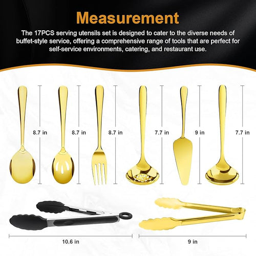 17PCS Serving Spoons and Utensils Set, Stainless Steel Serveware Gold