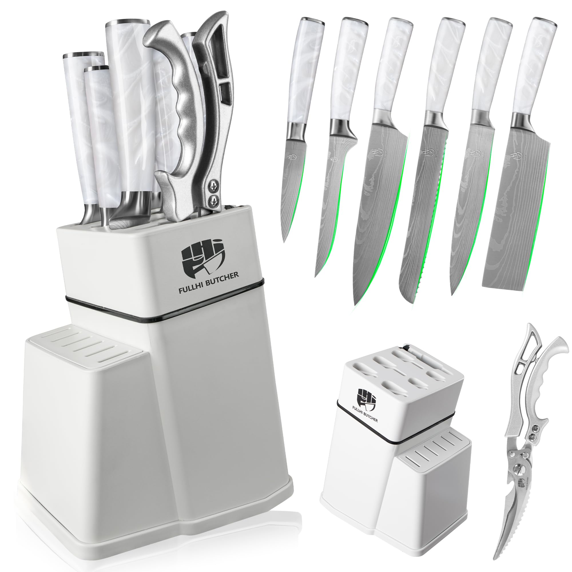 FULLHI 8pcs block Knife Set,chef's Knves Set with Block and Sharpener, Kitchen Knife Set,Multi-colour Handle, Gifts for Men Women