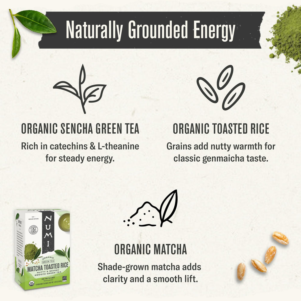 Numi Organic Matcha Toasted Rice Tea, 100 Green Tea Bags, Medium Caffeine