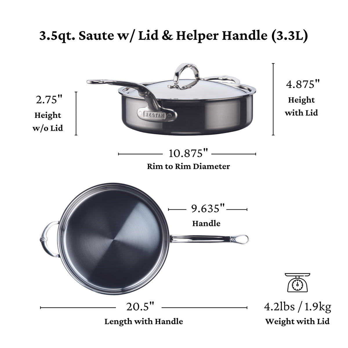 Hestan NanoBond Molecular Titanium Saute Pan with Lid, 3.5-Quart - PFAS-Free Stainless Steel, 4x Stronger, 1050°F Safe, Induction Compatible, Handcrafted Italy
