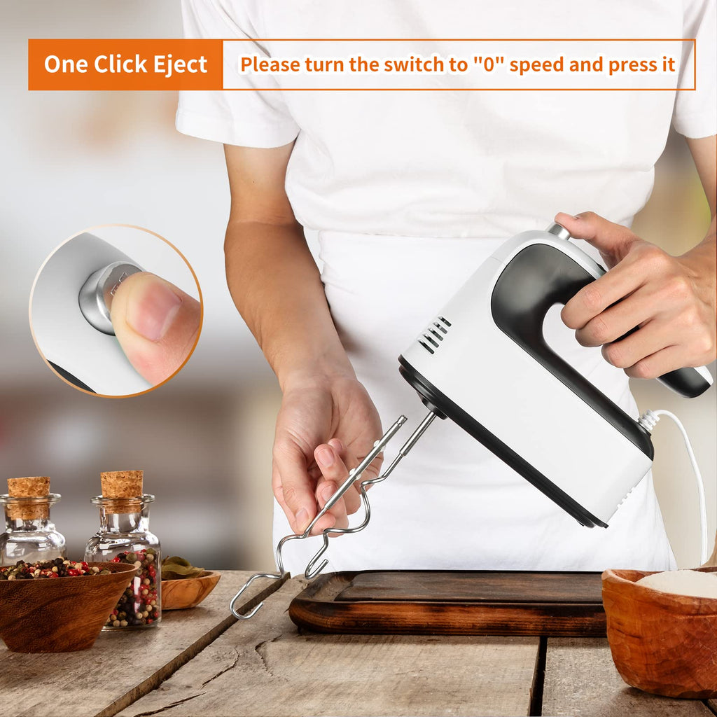 Yomelo 9-Speed Digital Hand Mixer Electric, 400W Powerful DC Motor, Hand Mixer Electric Handheld with Snap-On Storage Case, 5 Stainless Steel Accessories, Beaters, Dough Hooks, Whisk(White/Black)
