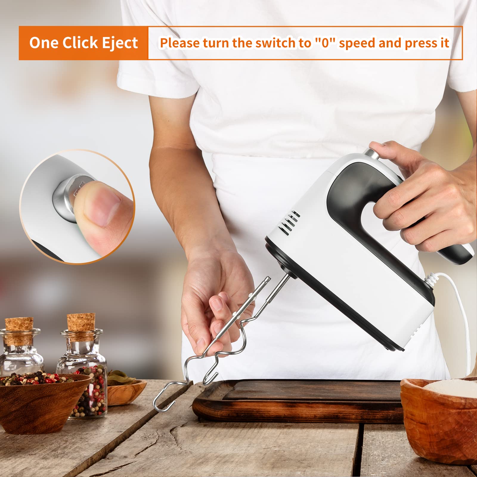 Yomelo 9-Speed Digital Hand Mixer Electric, 400W Powerful DC Motor, Hand Mixer Electric Handheld with Snap-On Storage Case, 5 Stainless Steel Accessories, Beaters, Dough Hooks, Whisk(White/Black)