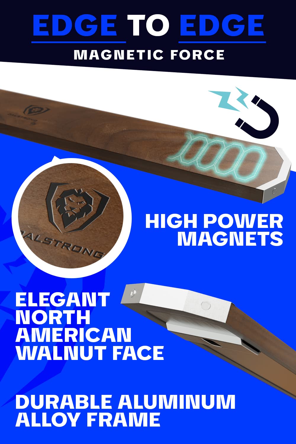 DALSTRONG Magnetic Knife Holder Wall - Premium North American Walnut Wood - Knife Magnetic Strip - Aluminum Frame - 18" x 2.5" - Powerful Magnet Kitchen Bar - Easy Mount - Safely Display your Knives